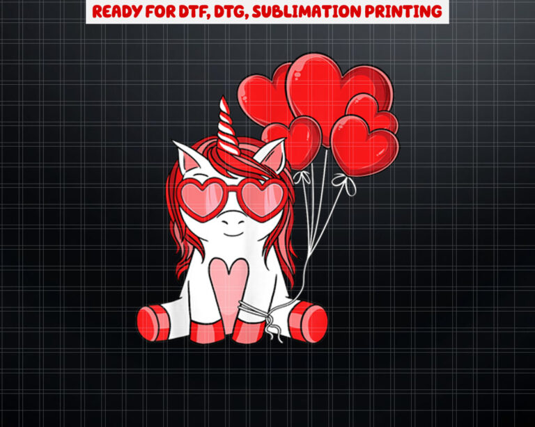 Cute Valentines Day Unicorn Lover Heart Balloon Girls Kids Shirt PNG, DTF, DTG, Sublimation Design