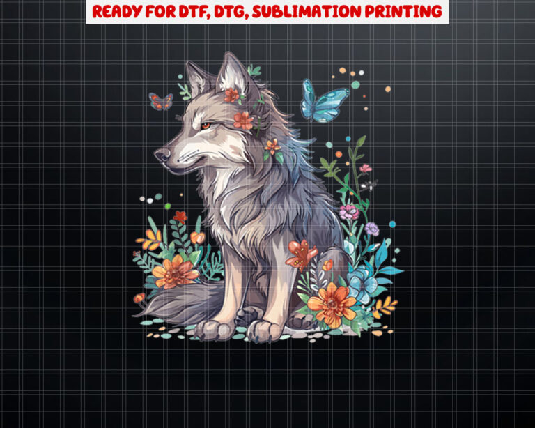 Cute Wolf With Flowers I Kids Wolf Shirt PNG, DTF, DTG, Sublimation Design