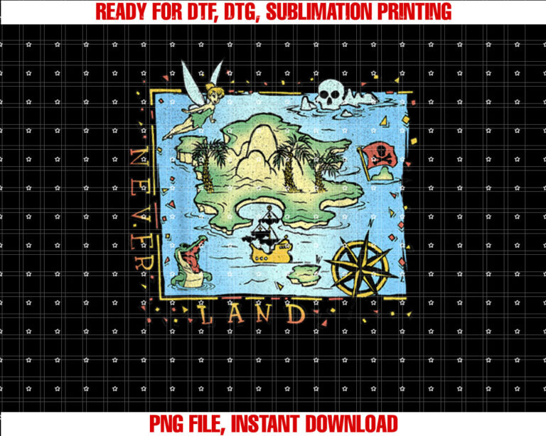 Disney Peter Pan Never Land Map Vintage Poster Shirt PNG, DTF, DTG, Sublimation Design