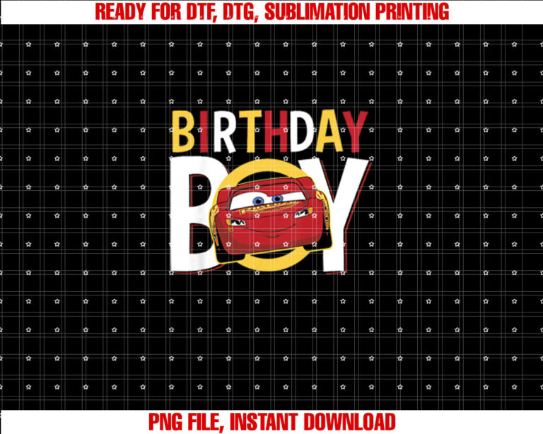 Disney Pixar Cars Birthday Boy Lightning McQueen Youth Shirt PNG, DTF, DTG, Sublimation Design
