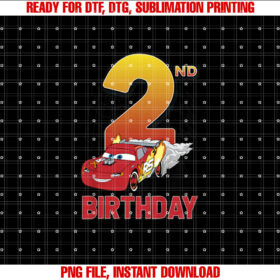 Disney Pixar Cars Lightning McQueen Youth 2nd Birthday Shirt PNG, DTF, DTG, Sublimation Design