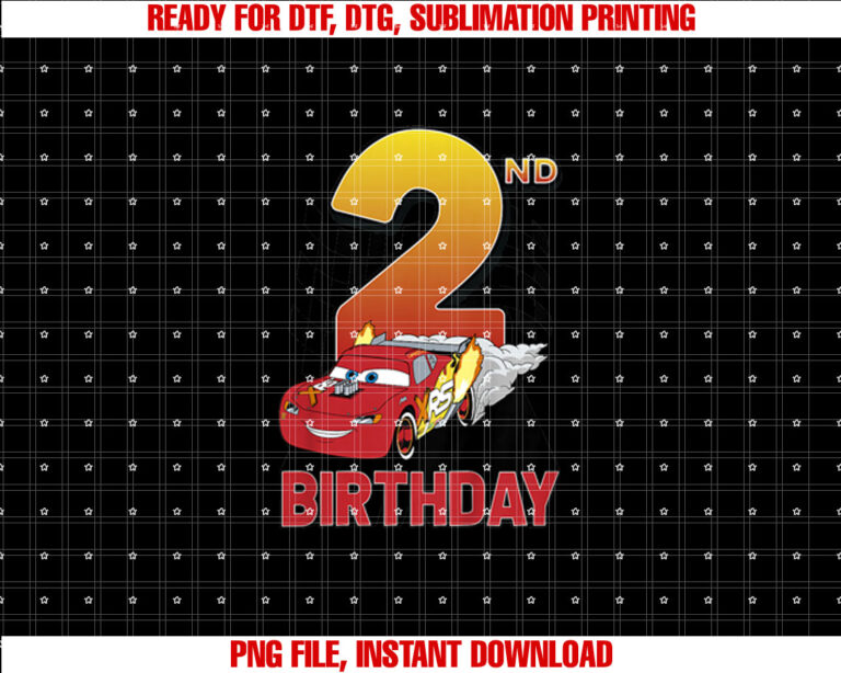 Disney Pixar Cars Lightning McQueen Youth 2nd Birthday Shirt PNG, DTF, DTG, Sublimation Design