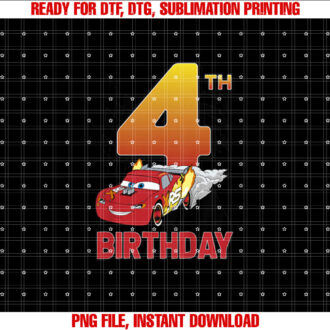 Disney Pixar Cars Lightning McQueen Youth 4th Birthday Shirt PNG, DTF, DTG, Sublimation Design