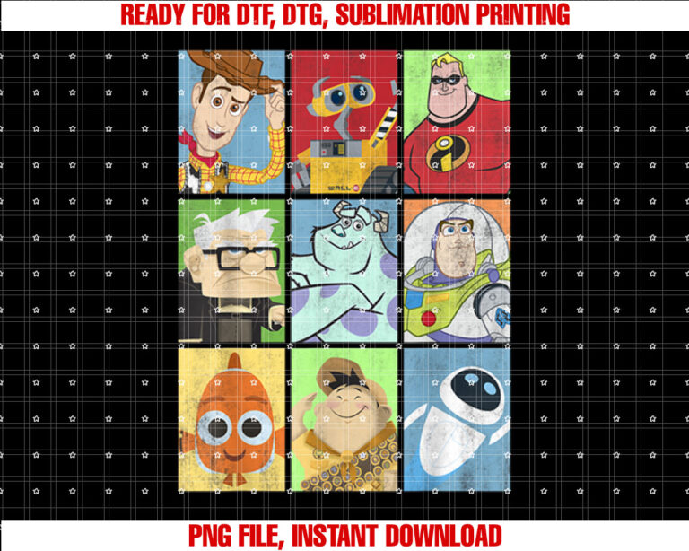 Disney Pixar Collection Iconic Characters Box Up Vintage Shirt PNG, DTF, DTG, Sublimation Design