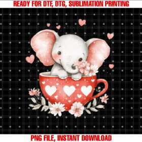 Elephant Valentines Day Heart Coffee Cup Romantic Animal  Shirt PNG, DTF, DTG, Sublimation Design