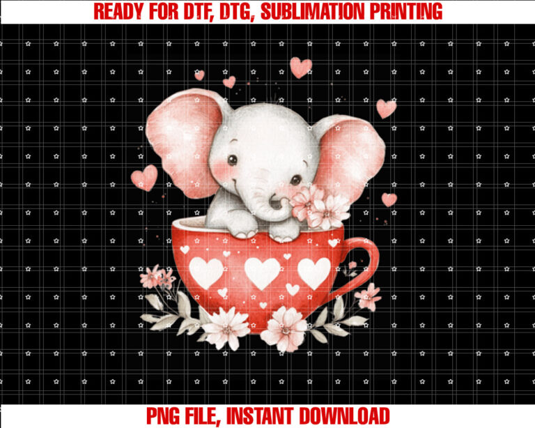 Elephant Valentines Day Heart Coffee Cup Romantic Animal  Shirt PNG, DTF, DTG, Sublimation Design