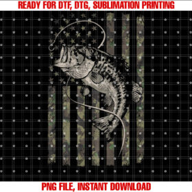 Fishing Camo American Flag Bass Fish Design on Back Shirt PNG, DTF, DTG, Sublimation Design