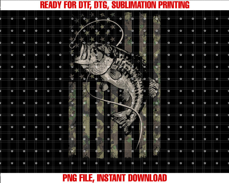 Fishing Camo American Flag Bass Fish Design on Back Shirt PNG, DTF, DTG, Sublimation Design