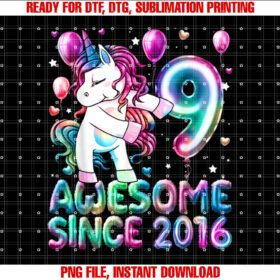 Flossing Unicorn 9 Year Old 9th Birthday Girl Unicorn Party Shirt PNG, DTF, DTG, Sublimation Design
