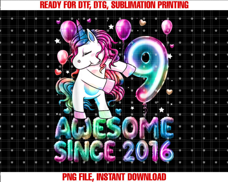 Flossing Unicorn 9 Year Old 9th Birthday Girl Unicorn Party Shirt PNG, DTF, DTG, Sublimation Design