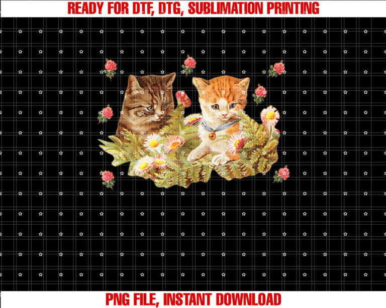 Flower Garden Vintage Kitten Pattern  Cottagecore Cat Shirt PNG, DTF, DTG, Sublimation Design
