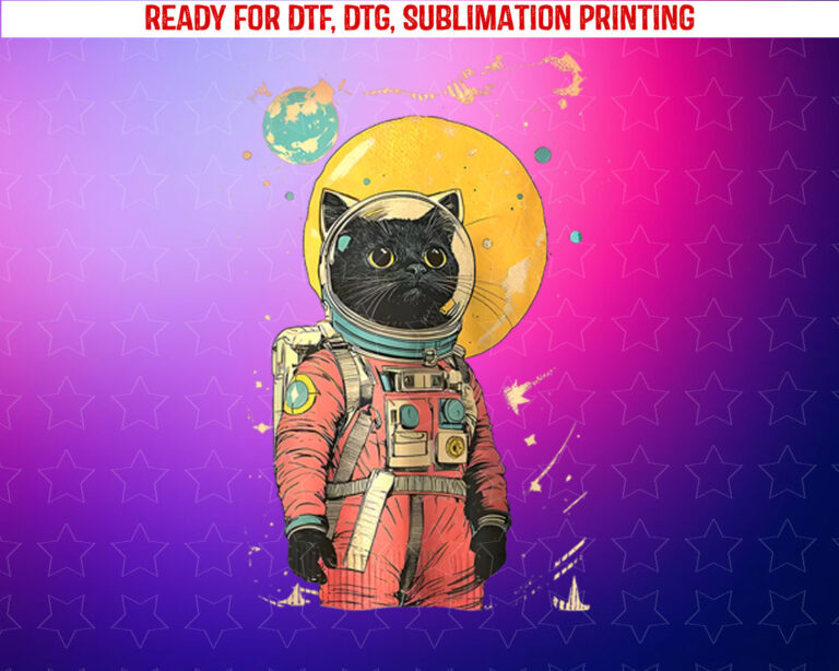Black Cat Astronaut Color Art Print Shirt PNG, DTF, DTG, Sublimation Design