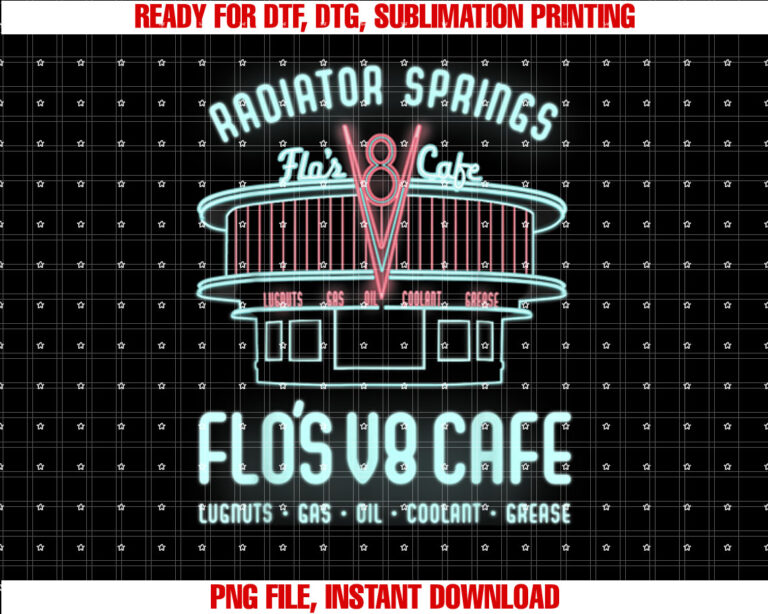 Disney Pixar Cars Flos V8 Cafe Neon Sign Vintage Poster Shirt PNG, DTF, DTG, Sublimation Design