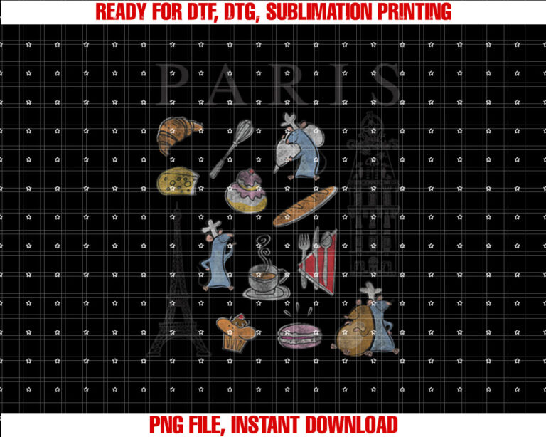 Disney Pixar Ratatouille Paris Food  Places Collage Retro Shirt PNG, DTF, DTG, Sublimation Design