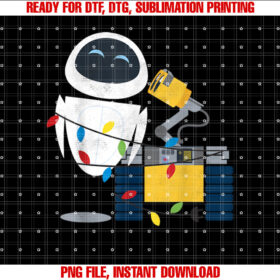 Disney Pixar WallE Eve Christmas Light Wrap Graphic Short Sleeve Shirt PNG, DTF, DTG, Sublimation Design