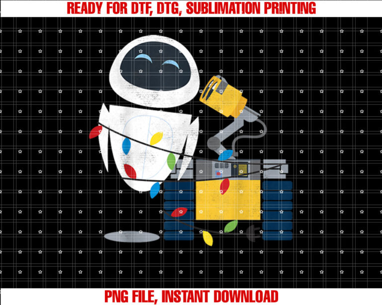 Disney Pixar WallE Eve Christmas Light Wrap Graphic Short Sleeve Shirt PNG, DTF, DTG, Sublimation Design