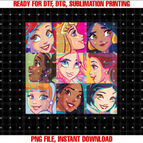 Disney Princess Characters Pop Art Grid Shirt  PNG, DTF, DTG, Sublimation Design