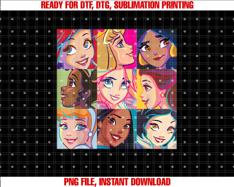 Disney Princess Characters Pop Art Grid Shirt  PNG, DTF, DTG, Sublimation Design