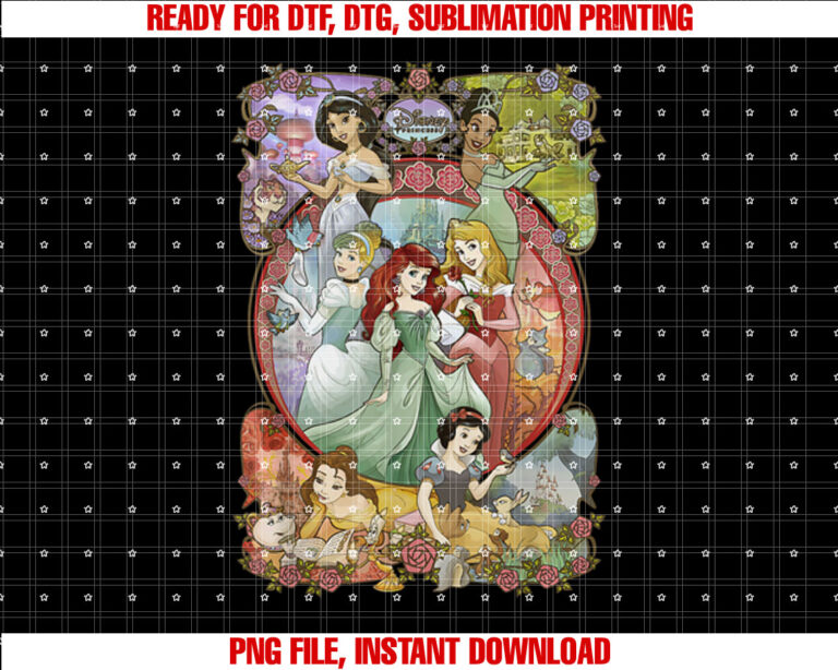 Disney Princess Classic Cartoon Group Collage Shirt  PNG, DTF, DTG, Sublimation Design