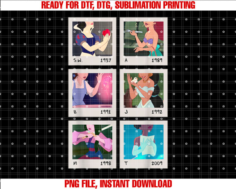 Disney Princess Polaroid Photo Grid Shirt  PNG, DTF, DTG, Sublimation Design