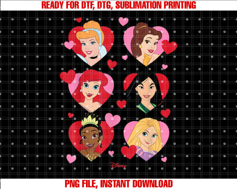 Disney Princess Valentines Day Princesses Heart Grid Shirt  PNG, DTF, DTG, Sublimation Design