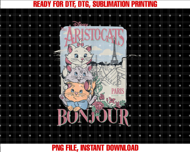 Disney the Aristocats Bonjour Paris Since 1979 Vintage Ad Shirt  PNG, DTF, DTG, Sublimation Design