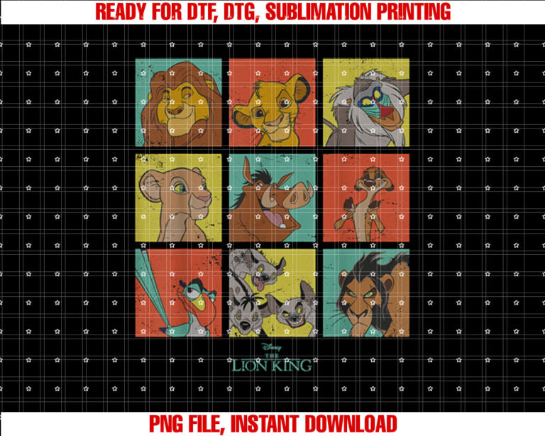 Disney the Lion King Characters 90s Grid Shirt  PNG, DTF, DTG, Sublimation Design