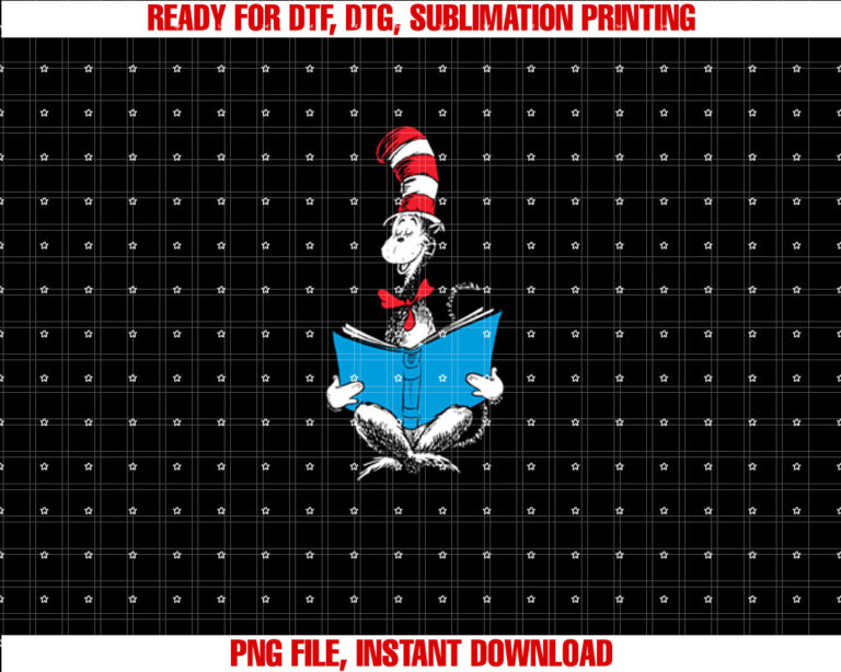 Dr Seuss Reading Cat Shirt  PNG, DTF, DTG, Sublimation Design