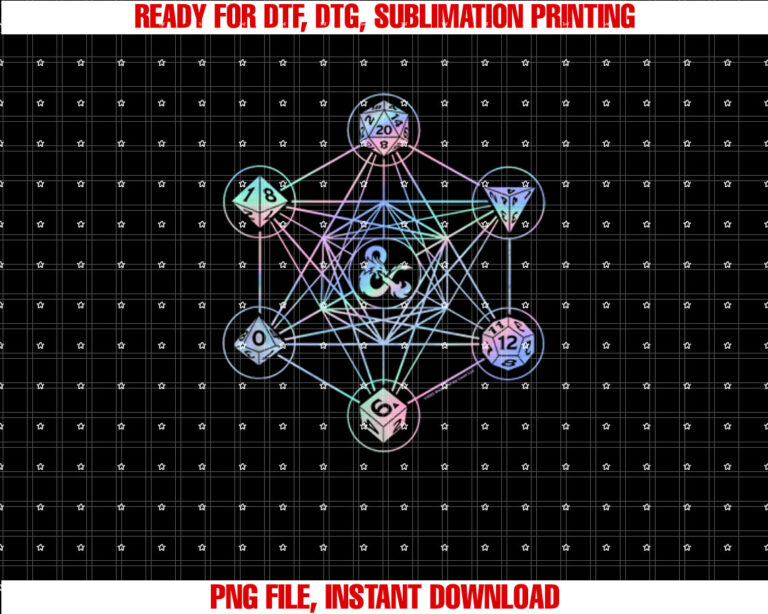 Dungeons Dragons 6 Die Geometric Hologram Logo Shirt  PNG, DTF, DTG, Sublimation Design
