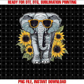 Elephant With Sunglasses and Sunflowers Shirt  PNG, DTF, DTG, Sublimation Design