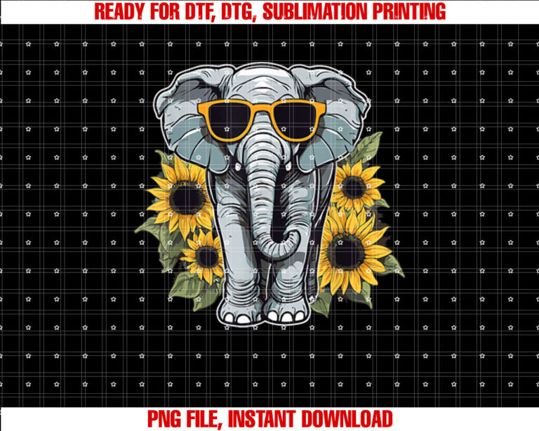 Elephant With Sunglasses and Sunflowers Shirt  PNG, DTF, DTG, Sublimation Design