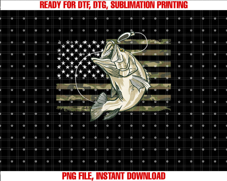 Fishing Camouflage Us American Flag Bass Fish Fisherman Camo Shirt  PNG, DTF, DTG, Sublimation Design