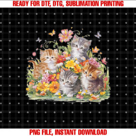 Floral Vintage Aesthetic Painted Kittens and Pressed Flower Shirt  PNG, DTF, DTG, Sublimation Design