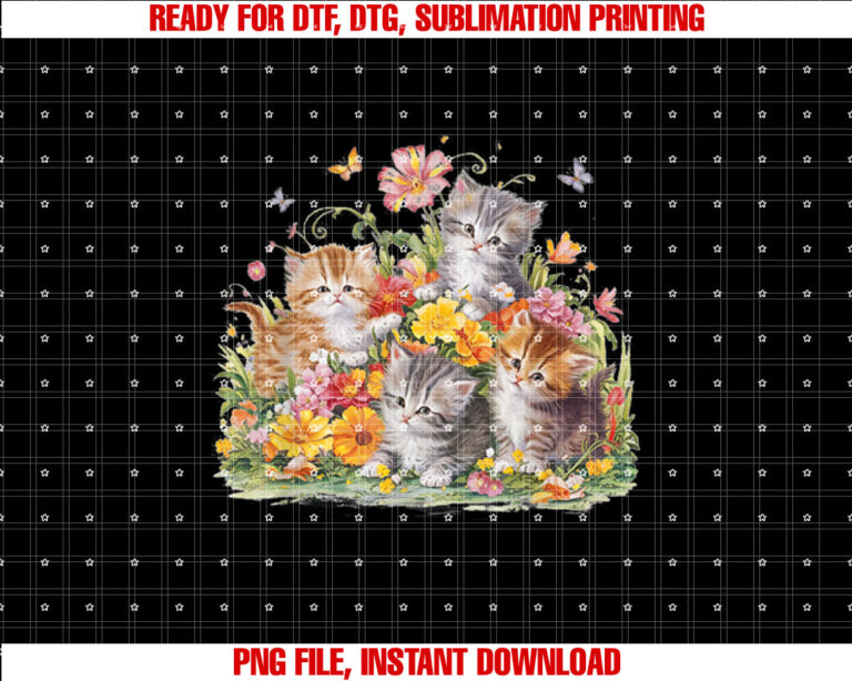 Floral Vintage Aesthetic Painted Kittens and Pressed Flower Shirt  PNG, DTF, DTG, Sublimation Design