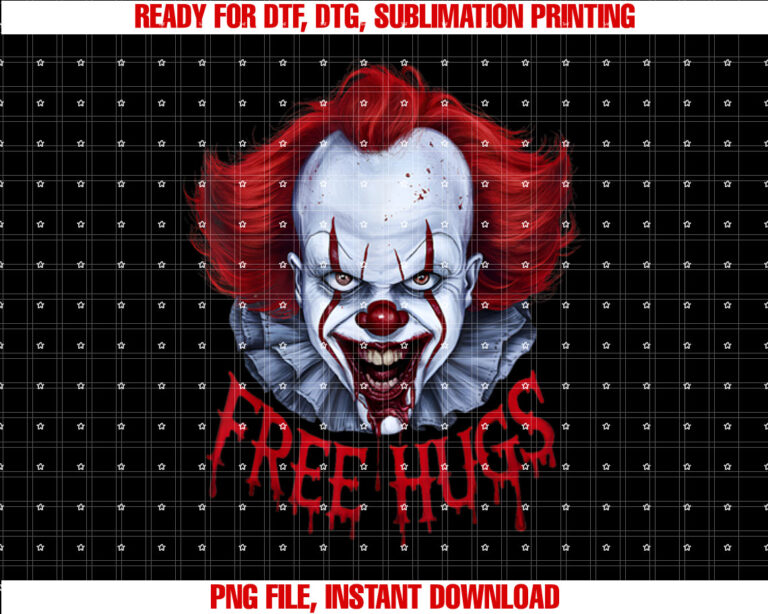 Free Halloween Hugs Evil Killer Scary Clown Horror Halloween Shirt  PNG, DTF, DTG, Sublimation Design