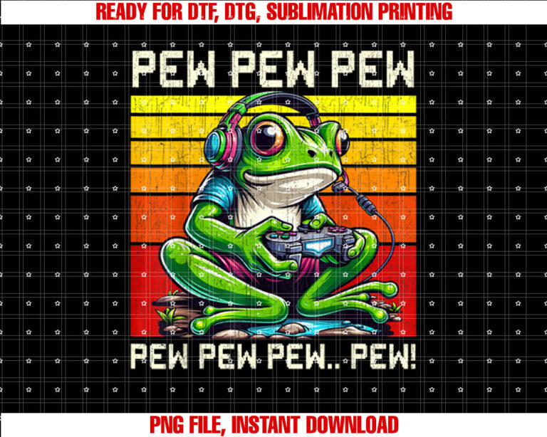 Frog Gamer Pew Funny Video Games Vintage Boys Men Girls Shirt  PNG, DTF, DTG, Sublimation Design