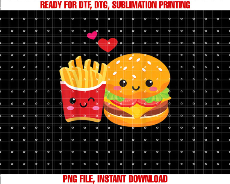 Funny Burger and Fries Couple Cute Kawaii Valentines Retro Shirt  PNG, DTF, DTG, Sublimation Design