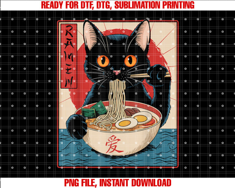 Funny Cat Eating Ramen Japanese Kawaii Anime Gifts Shirt  PNG, DTF, DTG, Sublimation Design