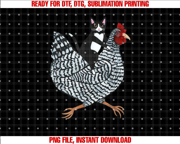 Funny Cat Riding Chicken Tuxedo Cat on a Chicken Lover Shirt  PNG, DTF, DTG, Sublimation Design