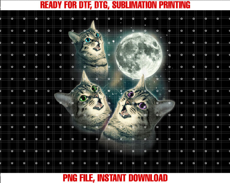 Funny Cat Three Cat Moon 3 Wolfs Cute Kitten Graphic Shirt  PNG, DTF, DTG, Sublimation Design
