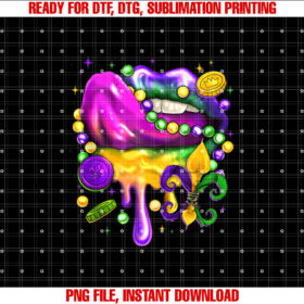Funny Gold Purple Tongue Lips Beads Mardi Gras Women Girls Shirt  PNG, DTF, DTG, Sublimation Design