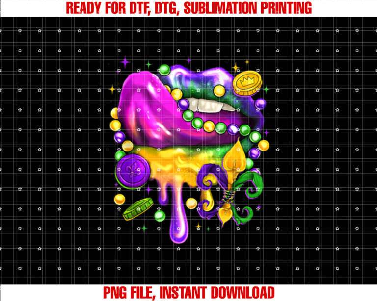 Funny Gold Purple Tongue Lips Beads Mardi Gras Women Girls Shirt  PNG, DTF, DTG, Sublimation Design
