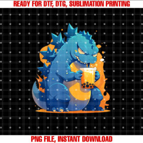 Funny Happy Japanese Kaiju Drinking Boba Tea Shirt  PNG, DTF, DTG, Sublimation Design
