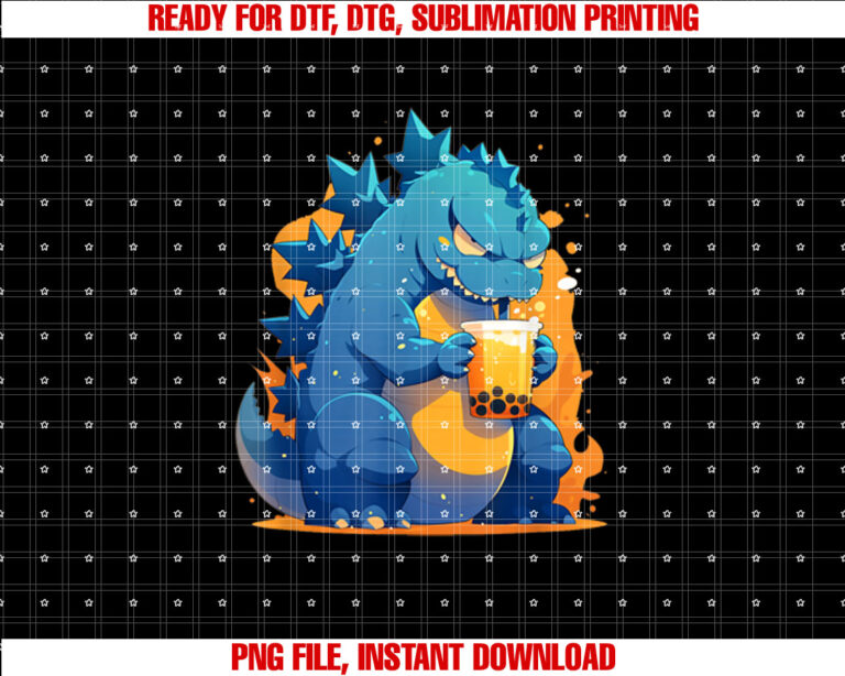 Funny Happy Japanese Kaiju Drinking Boba Tea Shirt  PNG, DTF, DTG, Sublimation Design