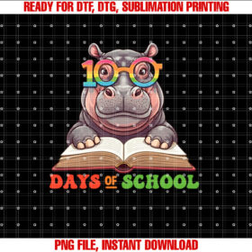 Funny Hippo 100th Day of School Teacher Womens Mens Costume Shirt  PNG, DTF, DTG, Sublimation Design