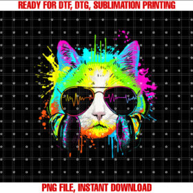 Funny Kitten Colourful Rainbow Rave Music Dj Cat Shirt  PNG, DTF, DTG, Sublimation Design