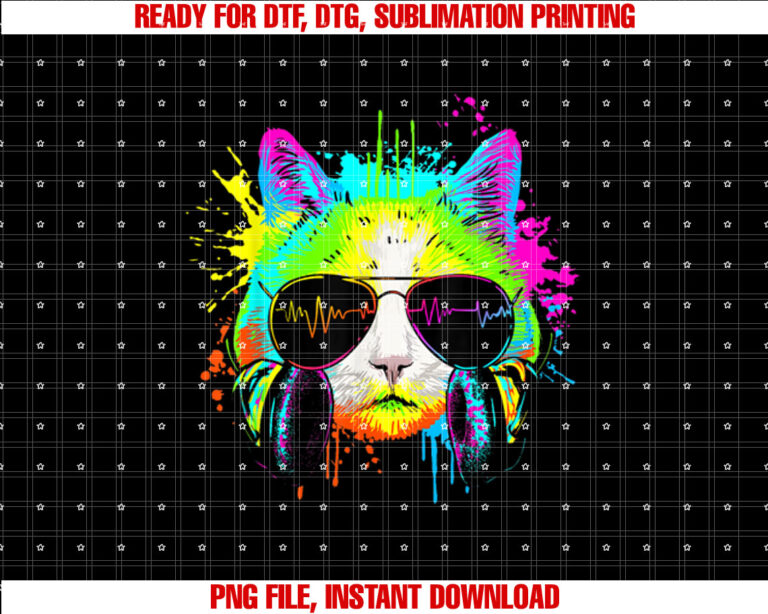 Funny Kitten Colourful Rainbow Rave Music Dj Cat Shirt  PNG, DTF, DTG, Sublimation Design