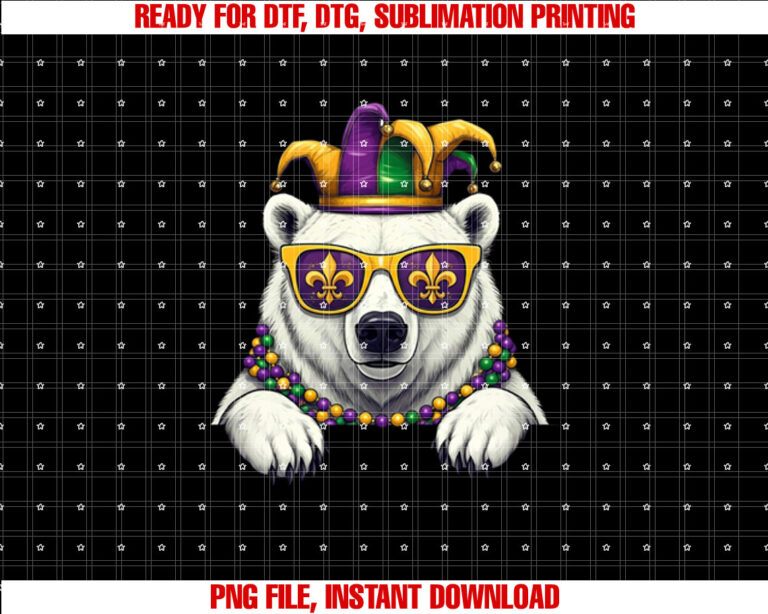 Funny Polar Bear Mardi Gras Festival Carnival Womens Mens Shirt  PNG, DTF, DTG, Sublimation Design