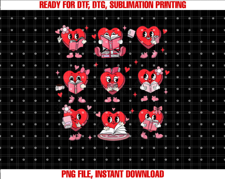 Funny Reading Heart Book Valentines Day Teacher Women Girl Shirt  PNG, DTF, DTG, Sublimation Design