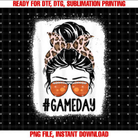 Game Day Leopard Messy Bun Women Mom Football Lover Bleached Shirt  PNG, DTF, DTG, Sublimation Design